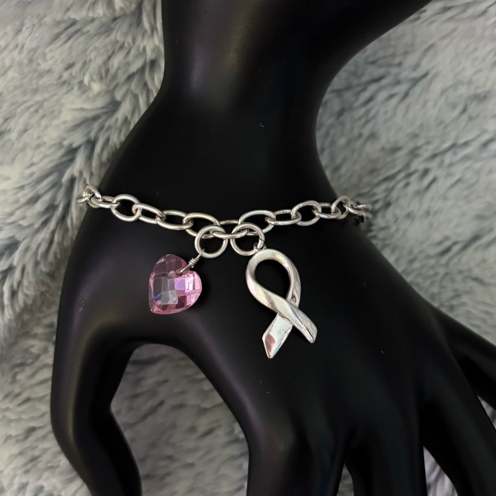 Sterling Silver Pink Heart Breast Cancer Awareness Bracelet